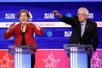 Democratic presidential candidates, Sen. Elizabeth Warren, D-Mass., left, and Sen. Bernie Sande ...