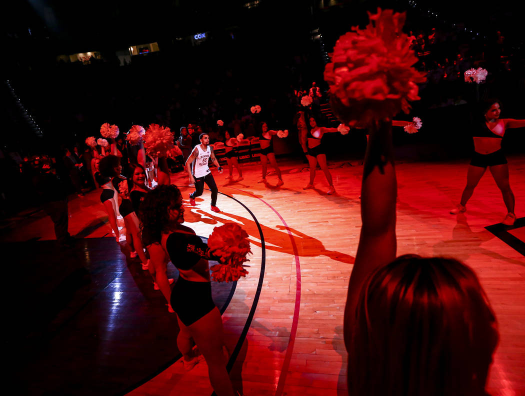 UNLV Rebels' Elijah Mitrou-Long (55) is introduced before the start of a basketball game agains ...