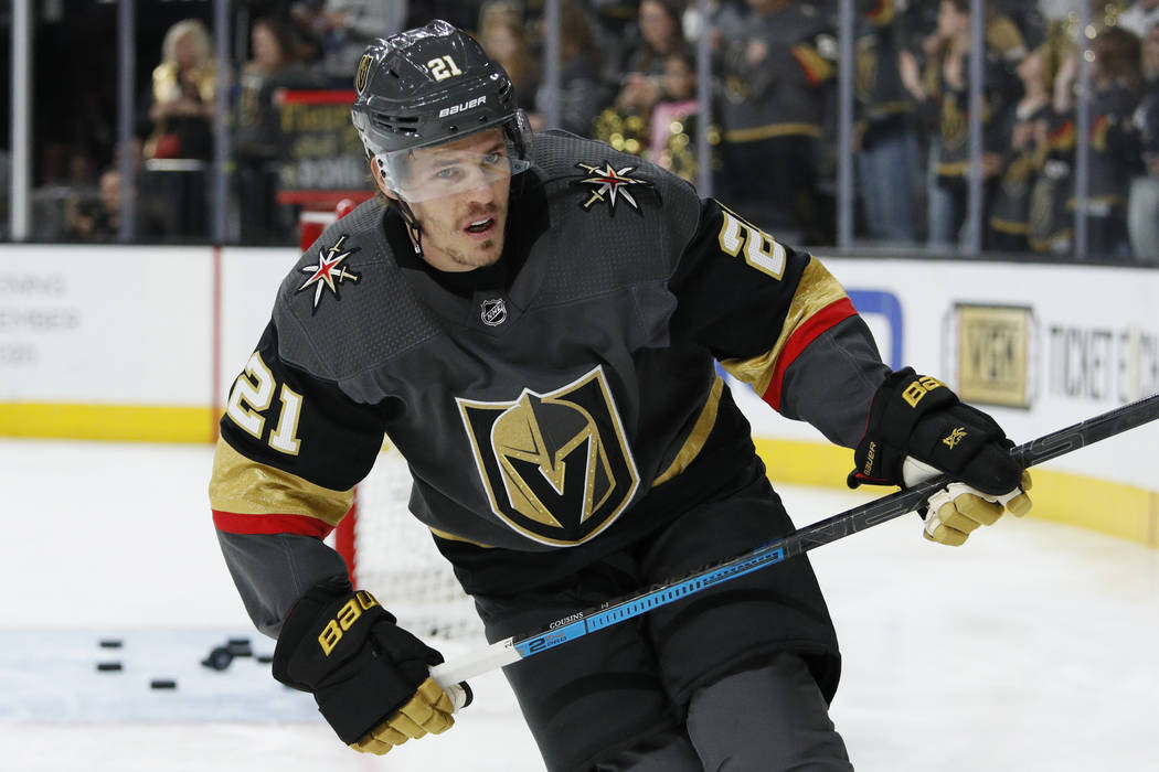Vegas Golden Knights center Nick Cousins (21) warms up before an NHL hockey game against the Ed ...