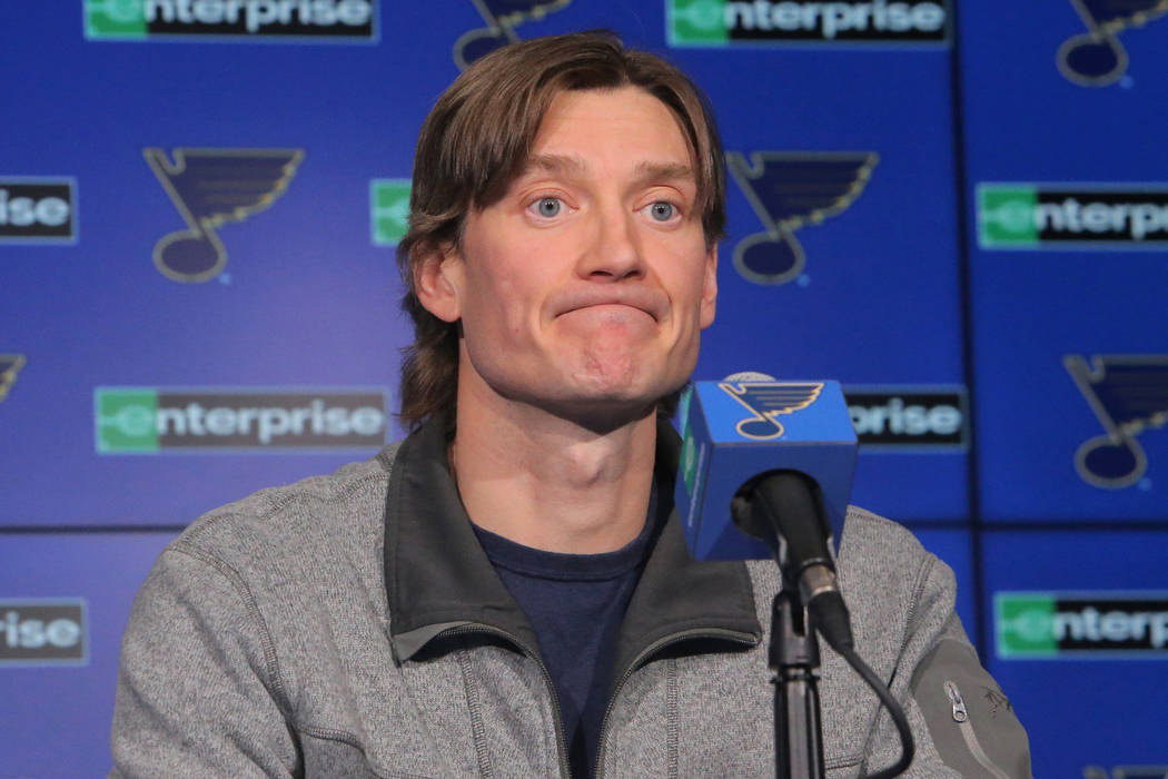 St. Louis Blues defenseman Jay Bouwmeester reacts to a question about his injury during a press ...