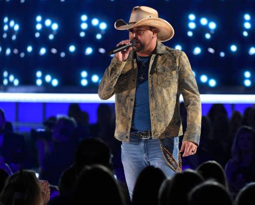 This April 7, 2019 file photo shows Jason Aldean performing "Can't Hide Red" at the 54th annual ...