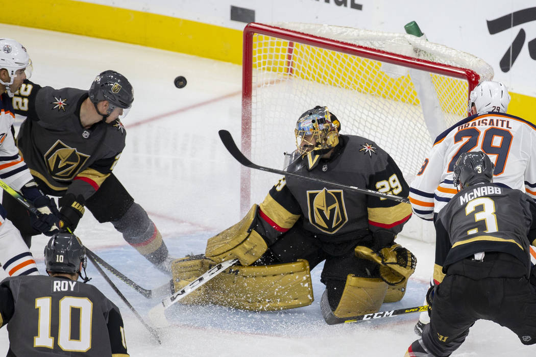 Vegas Golden Knights goaltender Marc-Andre Fleury (29) makes a save against Edmonton Oilers cen ...