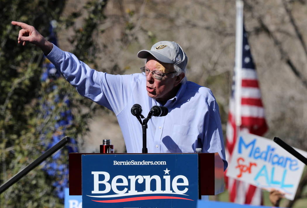 Democratic presidential candidate Sen. Bernie Sanders addresses his supporters at a rally as pa ...