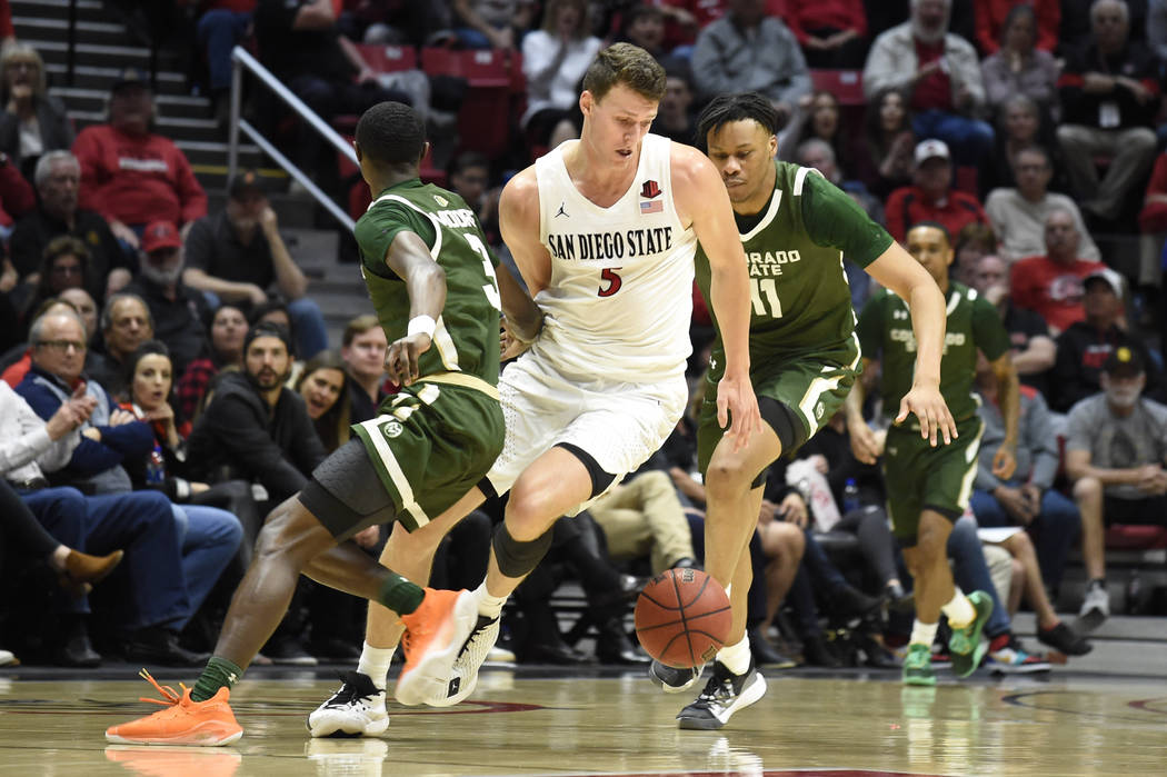 San Diego State forward Yanni Wetzell (5) steals the ball from Colorado State guard Kendle Moor ...