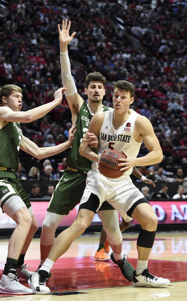 San Diego State forward Yanni Wetzell (5) is double-covered by Colorado State forward Adam This ...