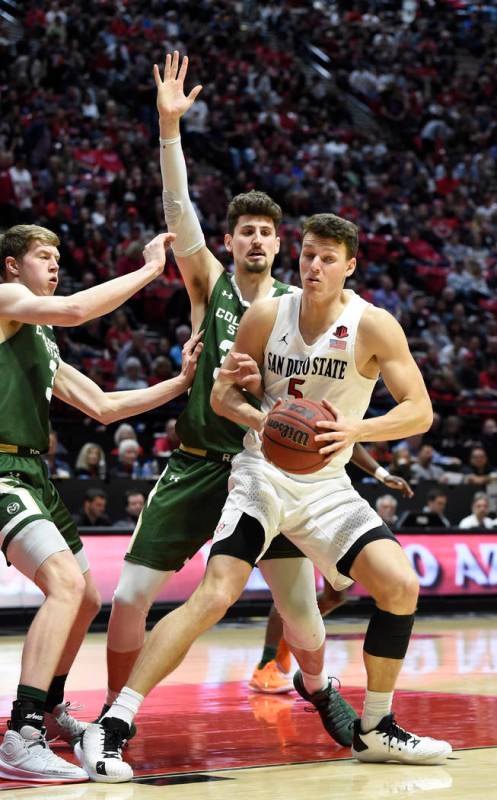 San Diego State forward Yanni Wetzell (5) is double-covered by Colorado State forward Adam This ...