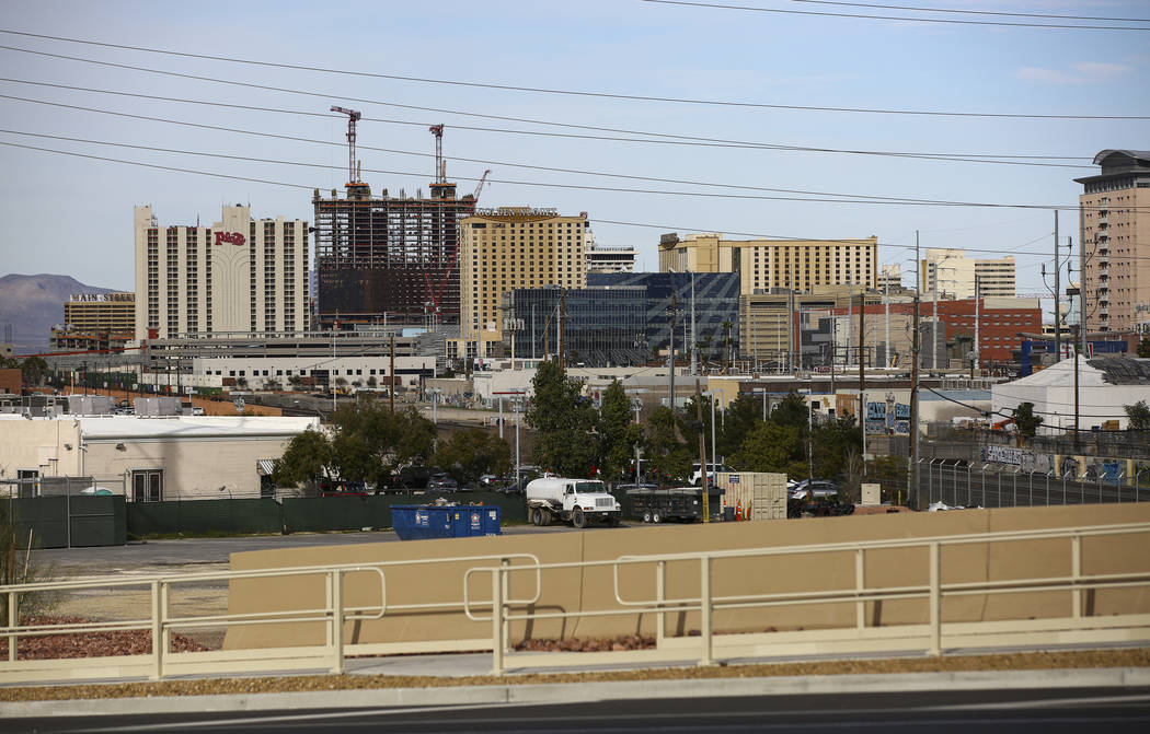 A view of the downtown Las Vegas skyline on Friday, Feb. 28, 2020. (Chase Stevens/Las Vegas Rev ...