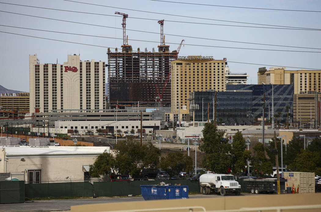 A view of the downtown Las Vegas skyline on Friday, Feb. 28, 2020. (Chase Stevens/Las Vegas Rev ...