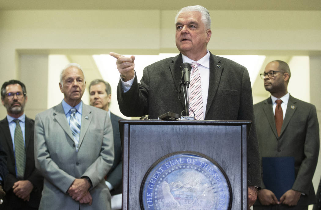 Gov. Steve Sisolak speaks during a press conference to update the public on the state of the co ...