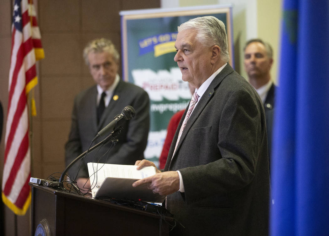 Gov. Steve Sisolak speaks during a press conference to update the public on the state of the co ...