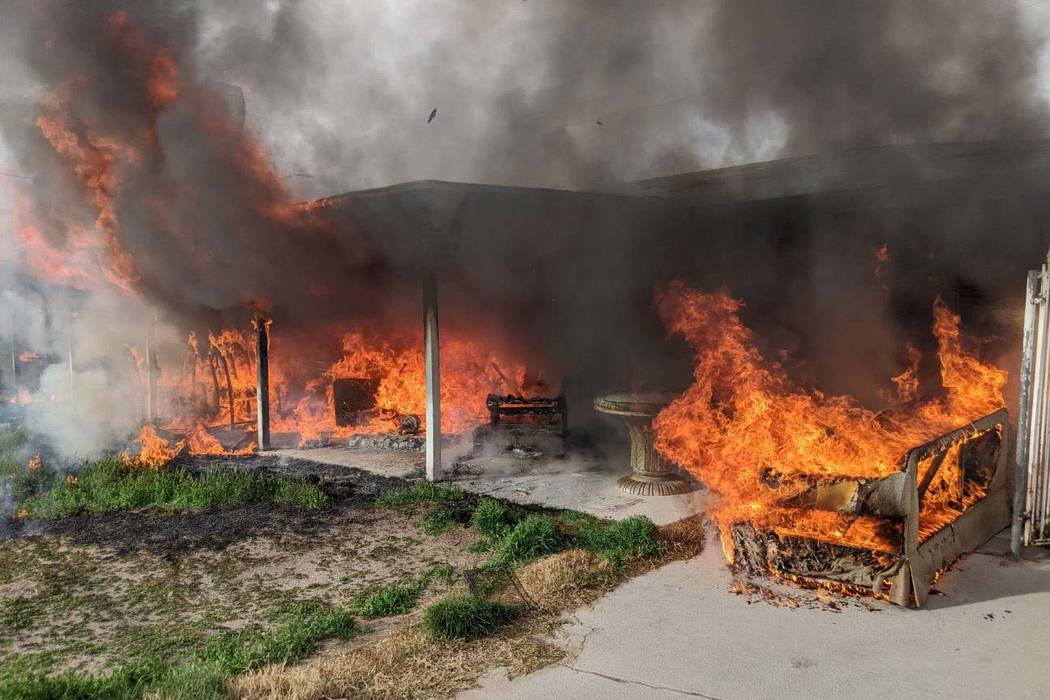 Firefighters battle a blaze at 1904 Leona Street on Friday, Feb. 28, 2020. (Las Vegas Fire Depa ...