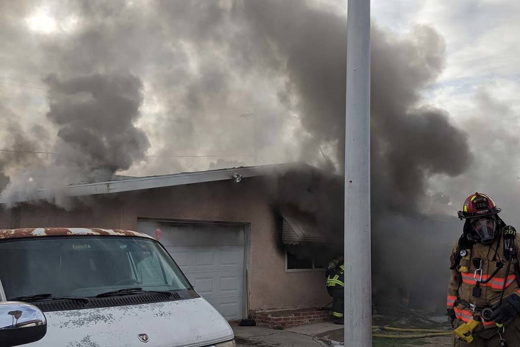 Firefighters battle a blaze at 1904 Leona Street on Friday, Feb. 28, 2020. (Las Vegas Fire Depa ...