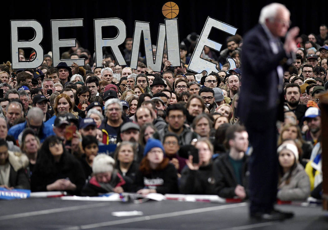 Democratic presidential candidate Sen. Bernie Sanders, I-Vt., speaks during a campaign event, F ...
