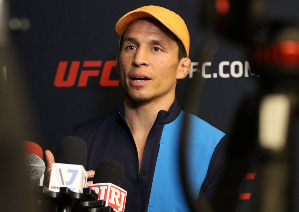 UFC flyweight Joseph Benavidez responds to questions during a media scrum at the UFC Performanc ...