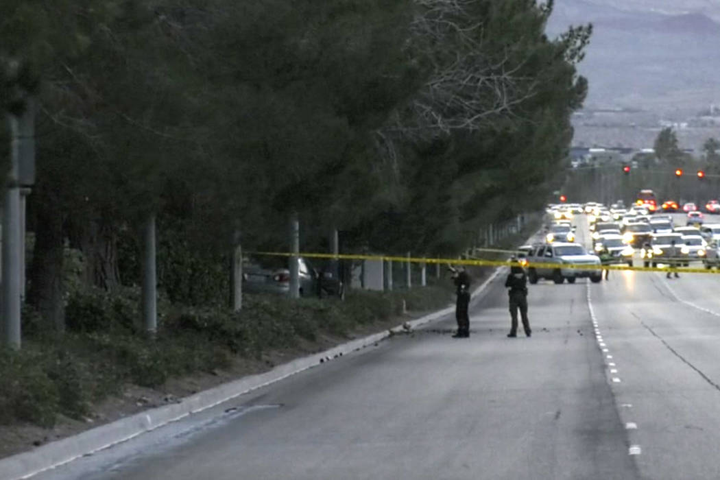 Las Vegas police investigate a fatal crash near Tropicana Avenue and Buffalo Drive in on Thursd ...