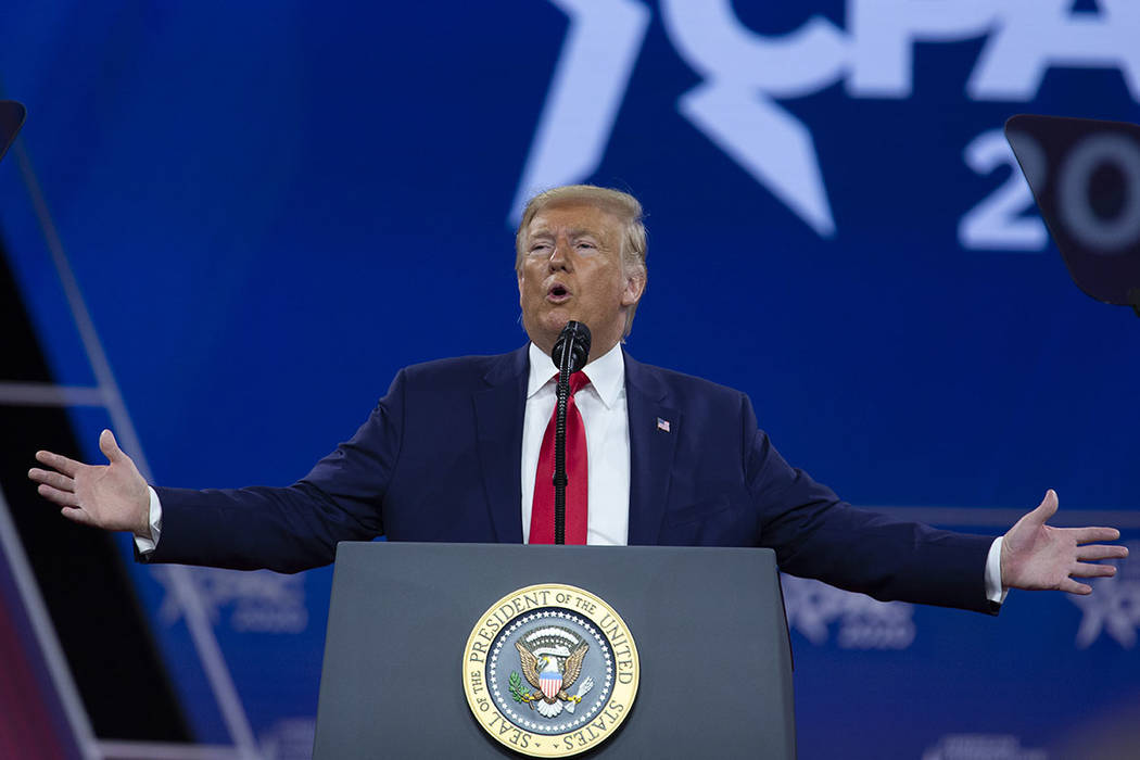 President Donald Trump speaks during Conservative Political Action Conference, CPAC 2020, at th ...