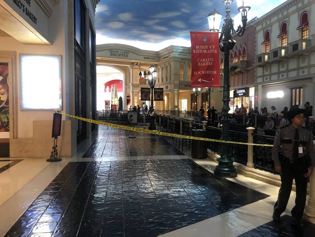 A crime scene in the Grand Canal Shoppes inside the Palazzo Saturday morning. Las Vegas police ...