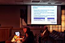 Three officials of the Oregon Health Authority, left, testify on Friday, Feb. 28, 2020, before ...