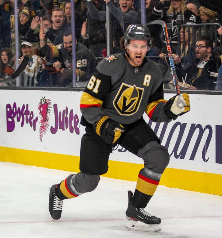 Vegas Golden Knights right wing Mark Stone (61) celebrates his goal over Arizona Coyotes goalte ...