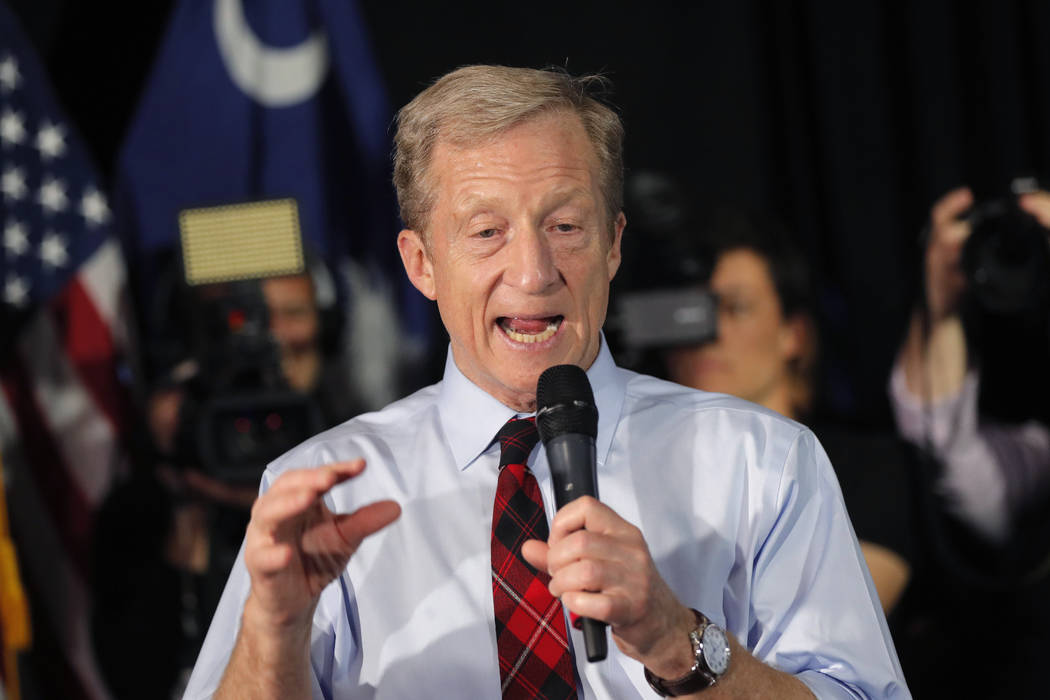 Tom Steyer speaks at a campaign event in Myrtle Beach, S.C., Wednesday, Feb. 26, 2020. (AP Phot ...