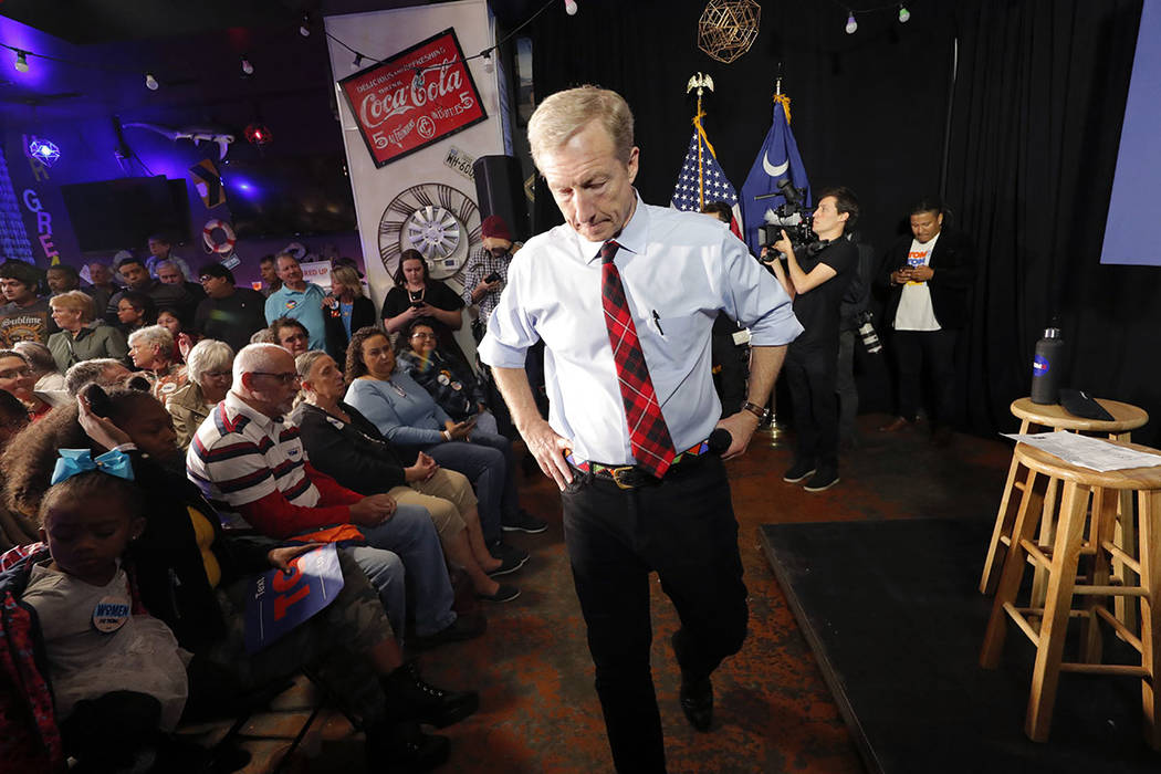 Tom Steyer speaks at a campaign event in Myrtle Beach, S.C., Wednesday, Feb. 26, 2020. (AP Phot ...