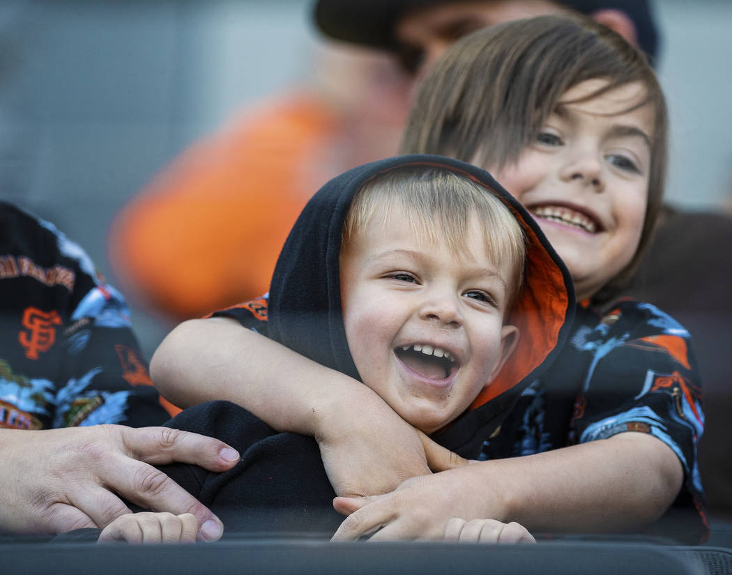 Liam Olma, 6, top/right, hugs his brother Jason Schwarz, 2, in the seventh inning during a Majo ...