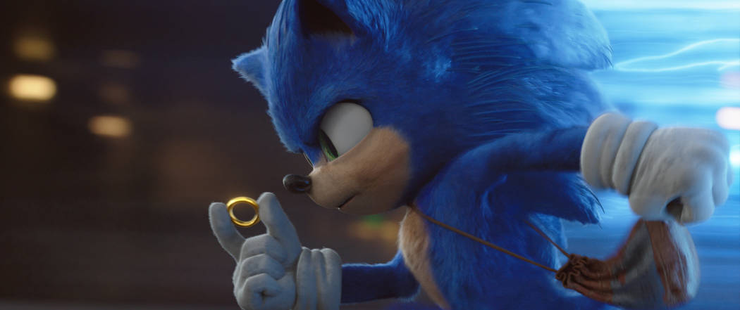 This image released by Paramount Pictures shows Sonic, voiced by Ben Schwartz, in a scene from ...