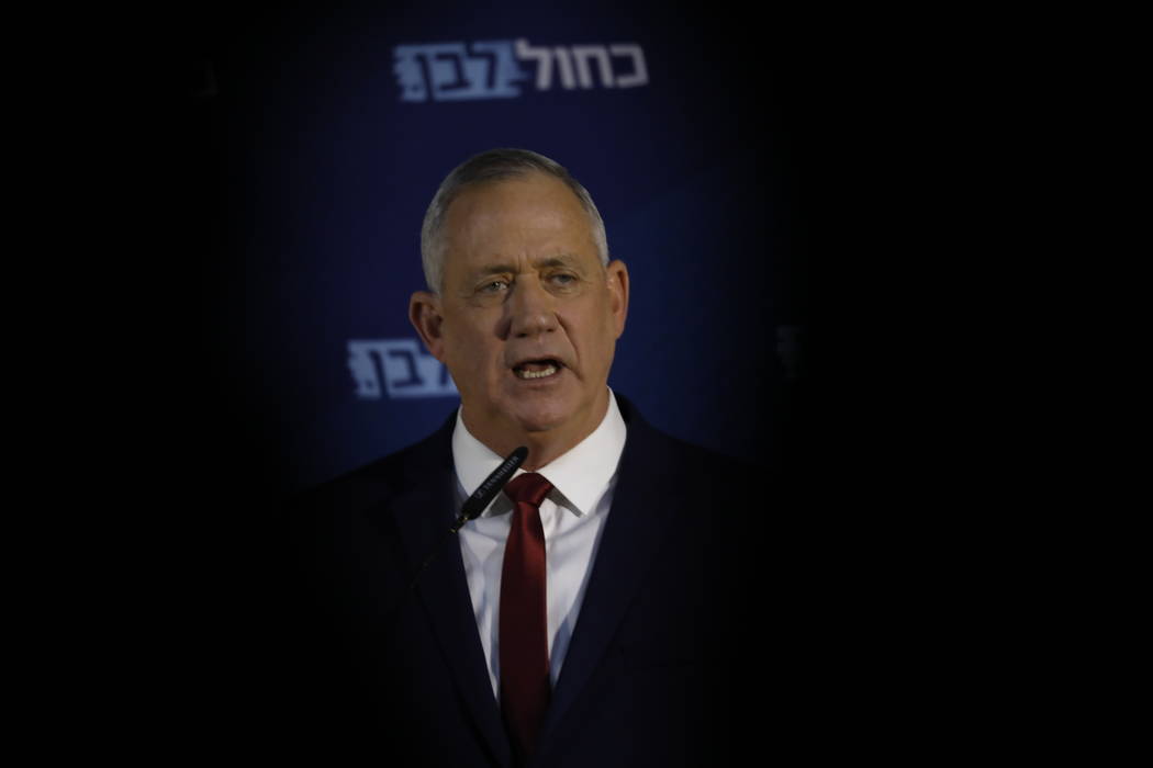 Blue and White party leader Benny Gantz, delivers a statement to the media in Ramat Gan, Israel ...