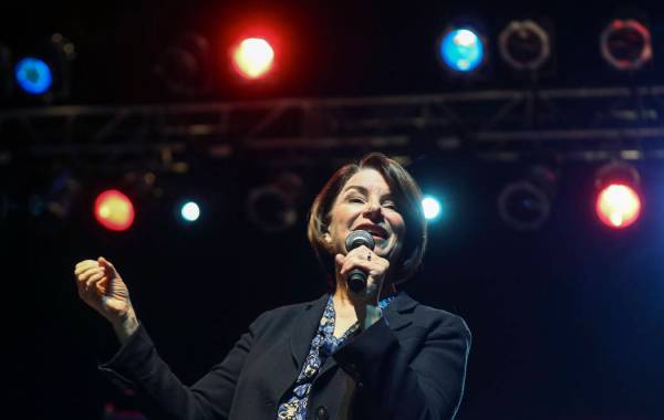 Democratic presidential candidate Amy Klobuchar speaks to her supporters during a campaign rall ...