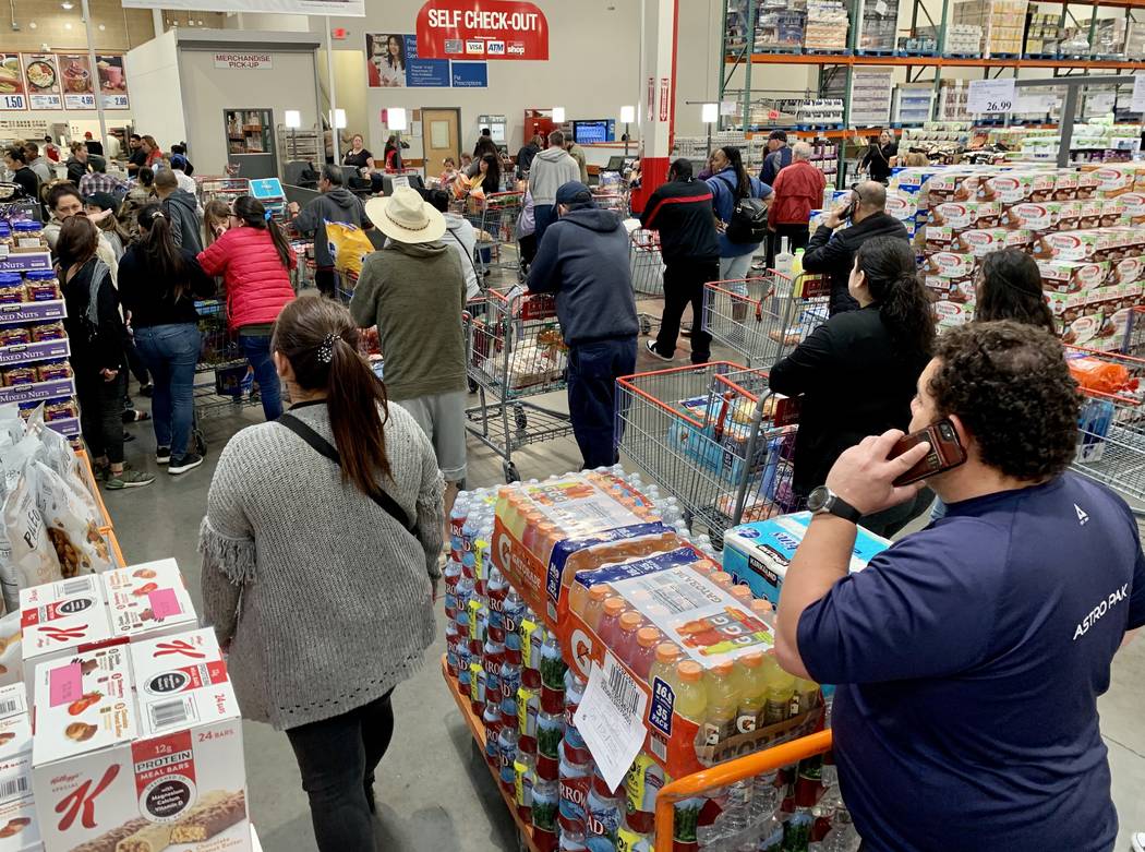 Shoppers visit a Costco Wholesale in Las Vegas on Monday, March 2, 2020. (David Guzman/Las Vega ...