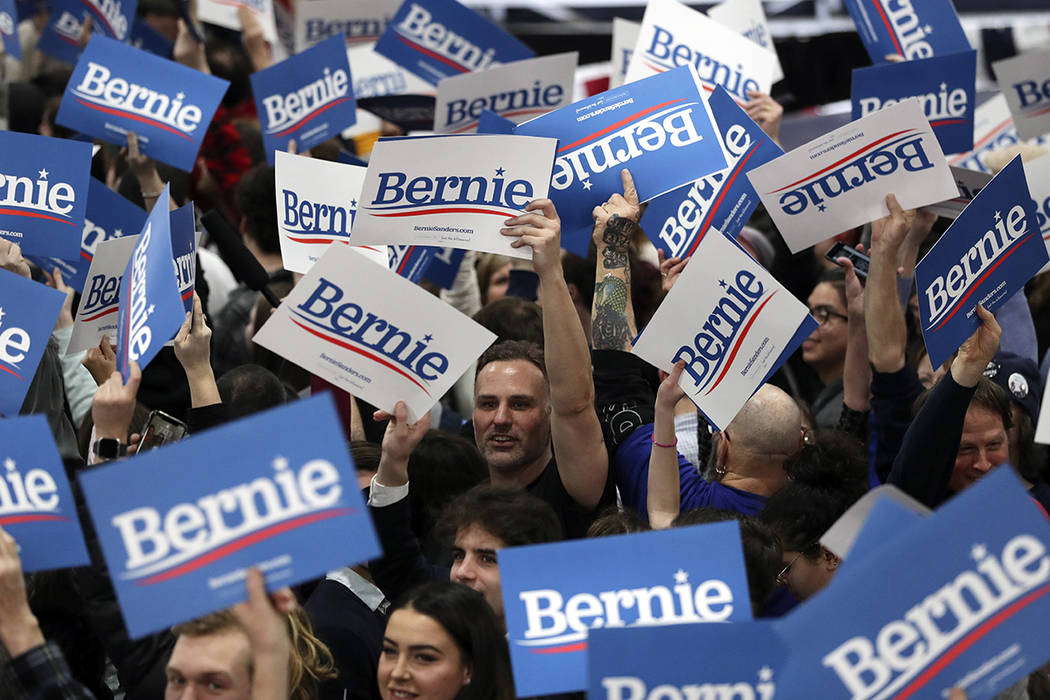 Supporters of Democratic presidential candidate Sen. Bernie Sanders, I-Vt., during a primary ni ...
