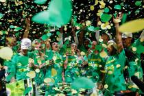 Oregon players celebrate after defeating Stanford in an NCAA college basketball game in the fin ...