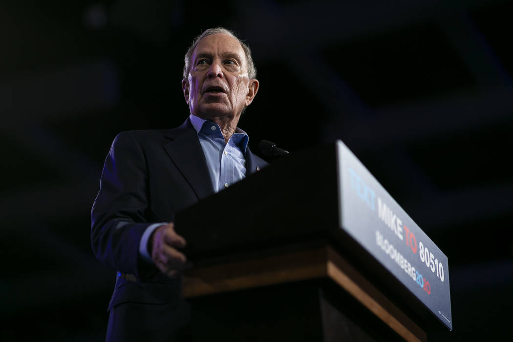 Democratic presidential candidate Mike Bloomberg speaks during a campaign rally at the Palm Bea ...