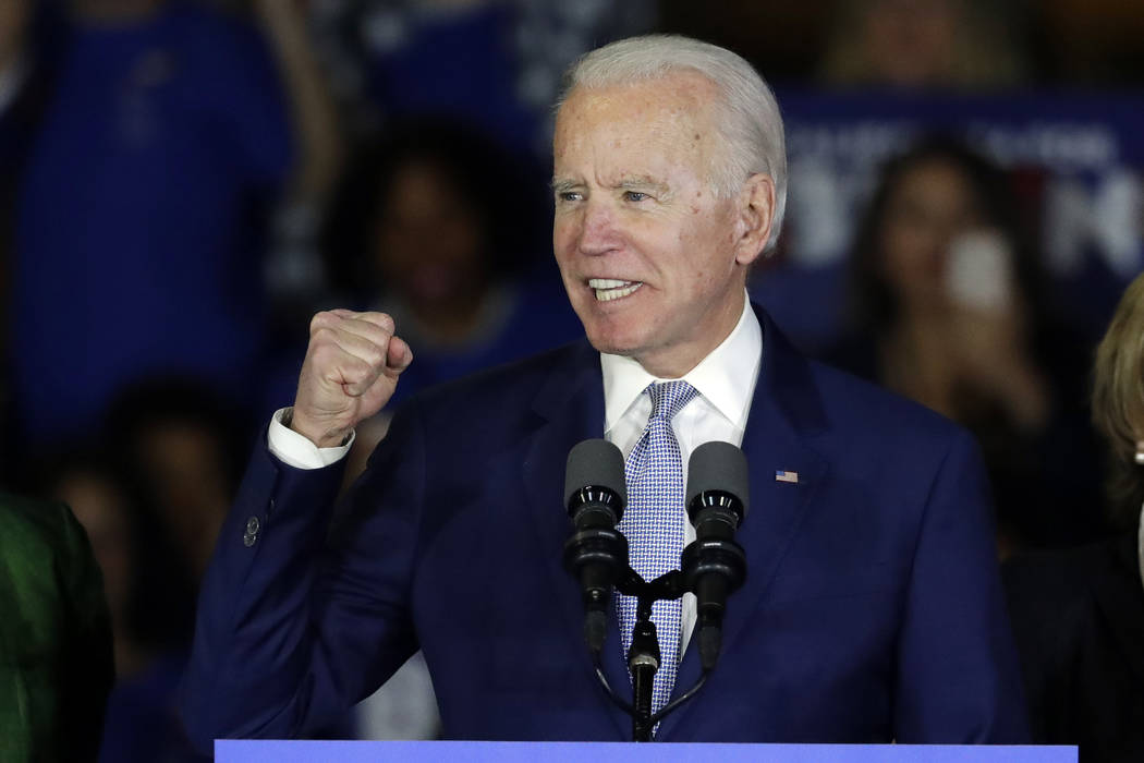Democratic presidential candidate former Vice President Joe Biden speaks at a primary election ...