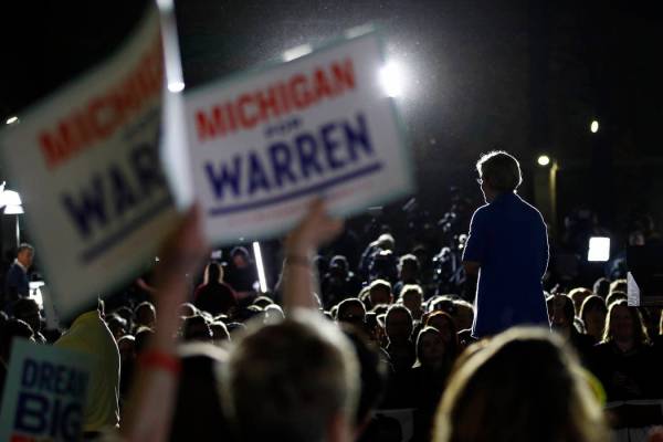 Democratic presidential candidate Sen. Elizabeth Warren, D-Mass., speaks during a primary elect ...