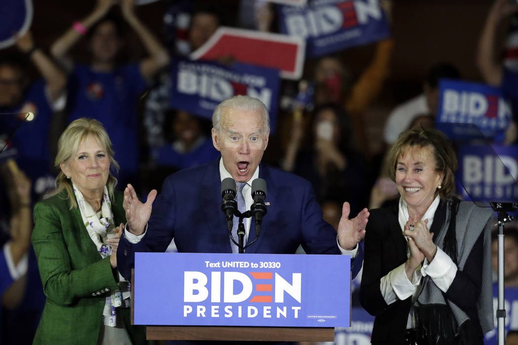 Democratic presidential candidate former Vice President Joe Biden speaks at a primary election ...