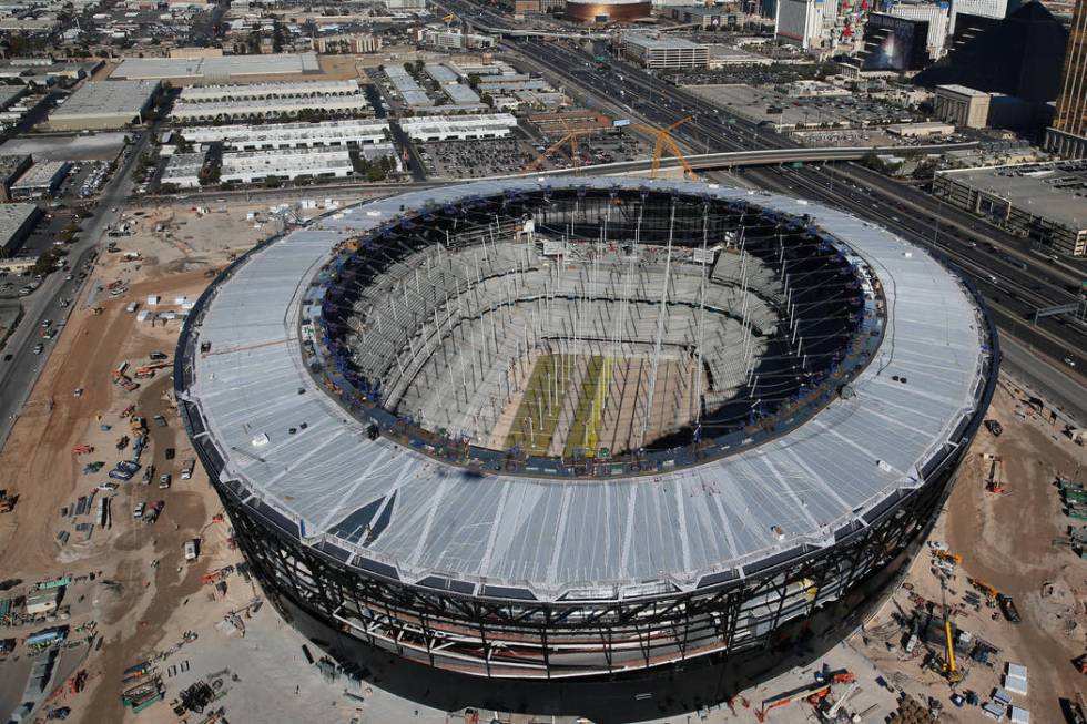 Aerial photo of Allegiant Stadium, future home of the Las Vega Raiders, pictured on Thursday, J ...