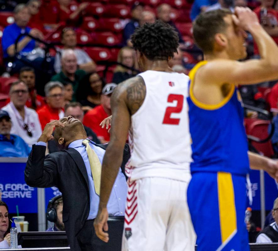 The San Jose State Spartans head coach Jean Prioleau, left, reacts to a foul call in their firs ...