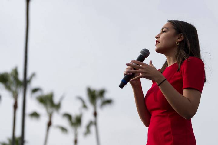 Rep. Alexandria Ocasio-Cortez, D-N.Y., speaks during a rally for Democratic presidential candid ...