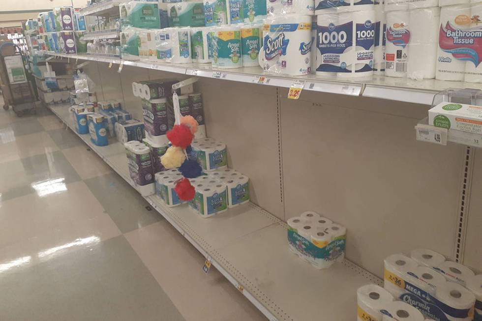 The toilet paper aisle at Smith’s Food & Drug, 2385 E. Windmill Lane in Las Vegas. (Tony Garc ...