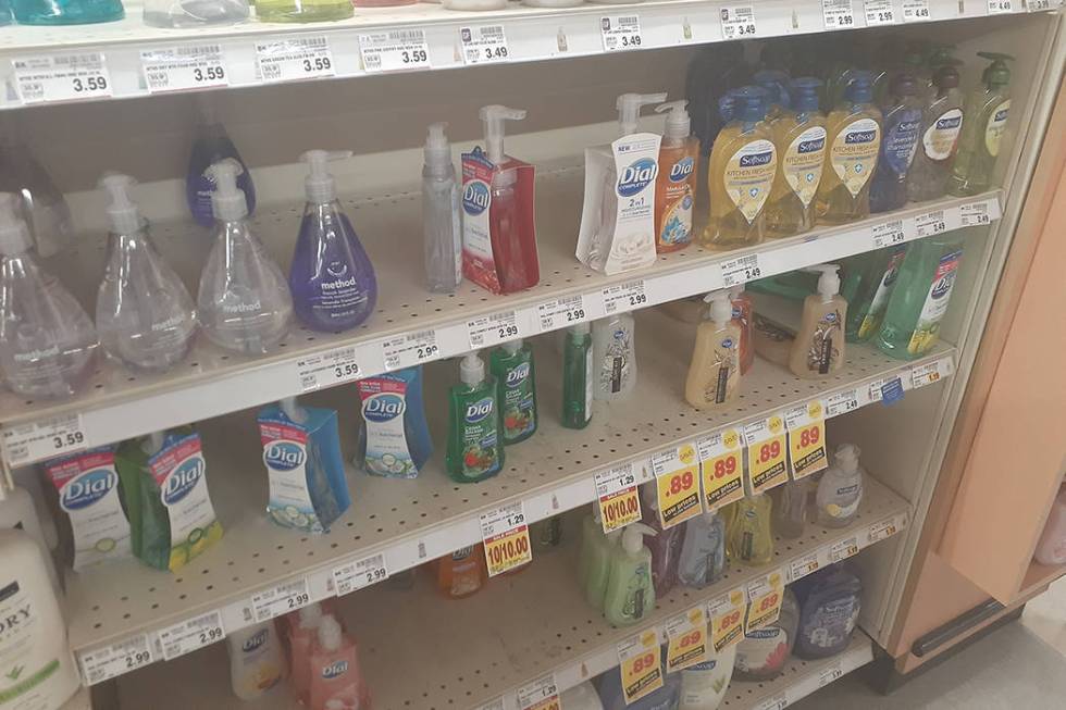 The hand sanitizer aisle at Smith’s Food & Drug, 2385 E. Windmill Lane in Las Vegas. (Tony Ga ...