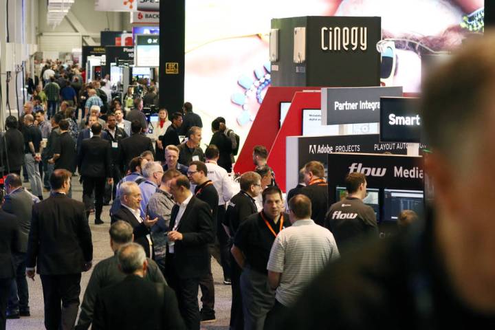 Showgoers arrive at the National Association of Broadcasters (NAB) show at the Las Vegas Conven ...