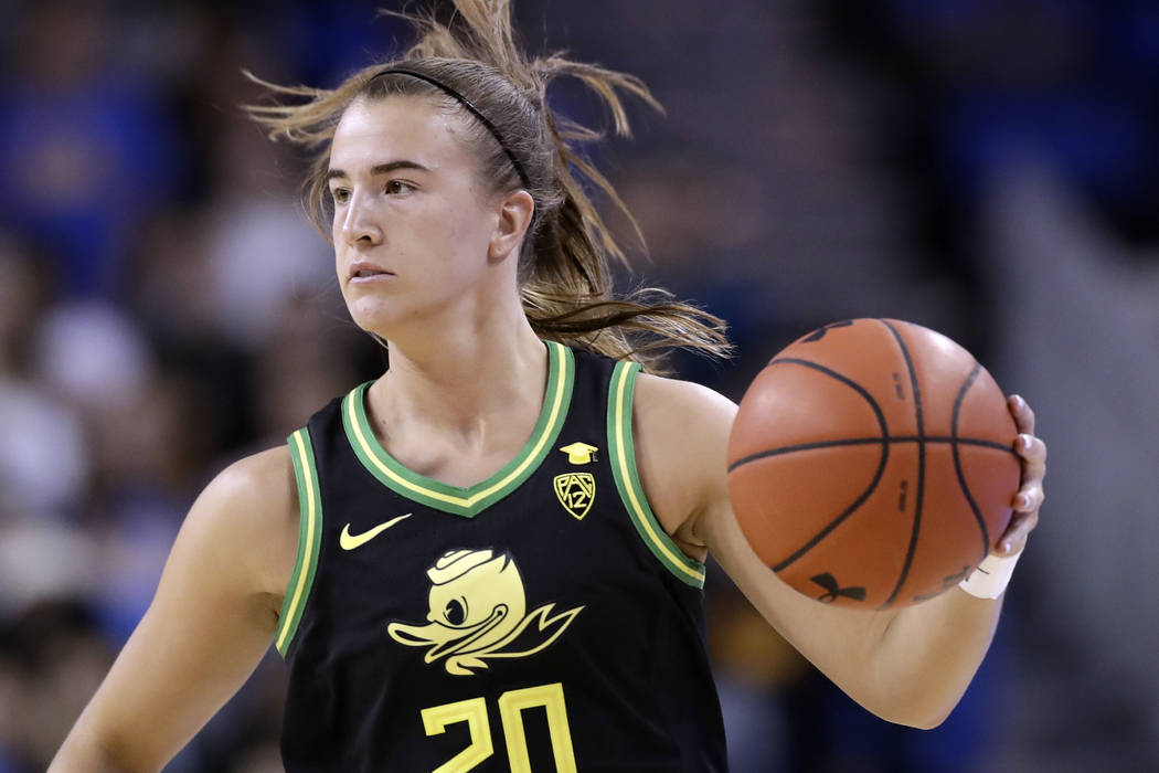 Oregon guard Sabrina Ionescu during an NCAA college basketball game against UCLA Friday, Feb. 1 ...