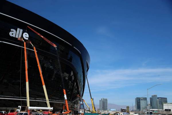 The signage of the Raiders Allegiant Stadium in Las Vegas is installed, Thursday, March 5, 2020 ...