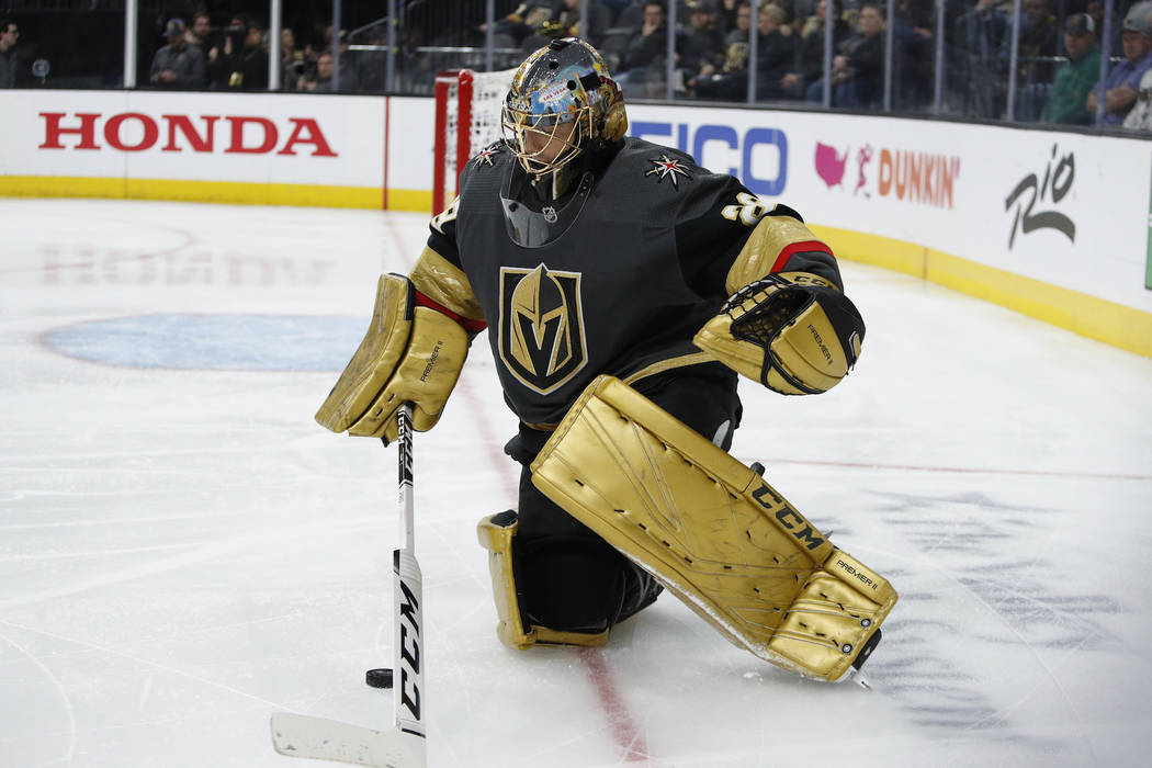 Vegas Golden Knights goaltender Marc-Andre Fleury (29) plays against the Los Angeles Kings duri ...