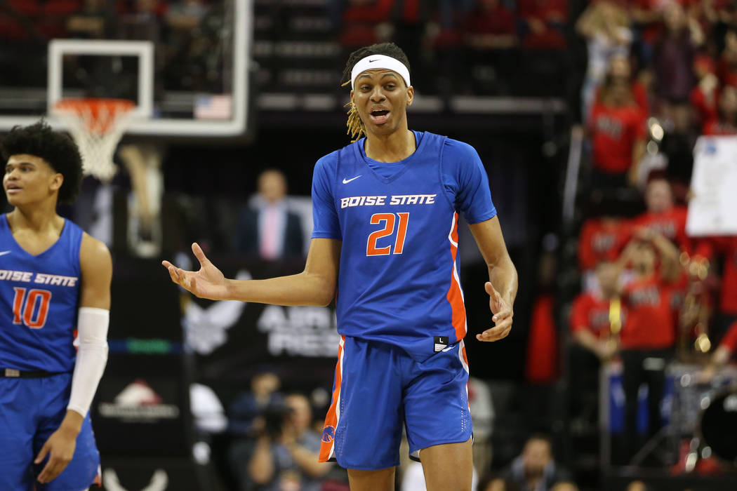 Boise State Broncos guard Derrick Alston (21) reacts after getting called for a technical foul ...