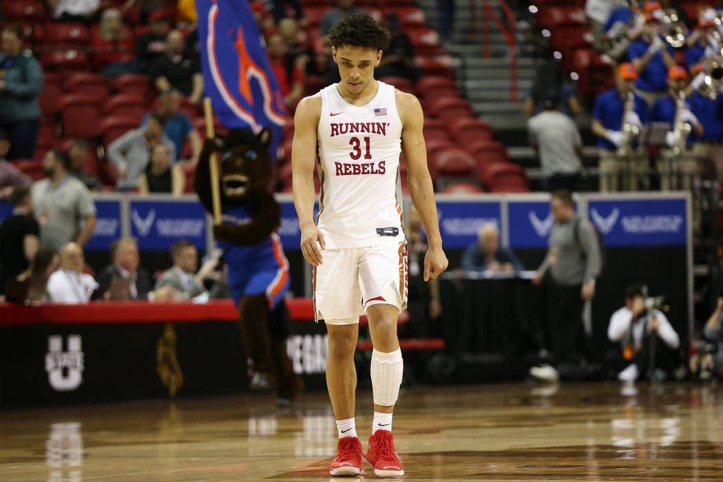 UNLV Rebels guard Marvin Coleman (31) reacts after a loss against Boise State Broncos in the Mo ...