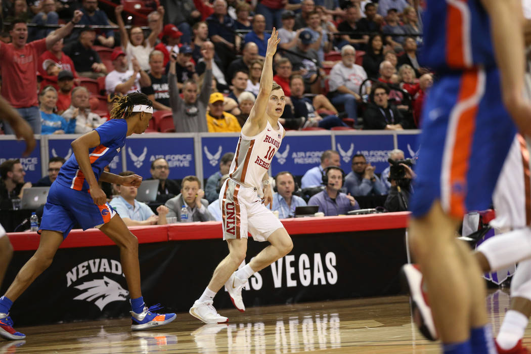 UNLV Rebels guard Jonah Antonio (10) reacts after scoring a three-point shot against Boise Stat ...