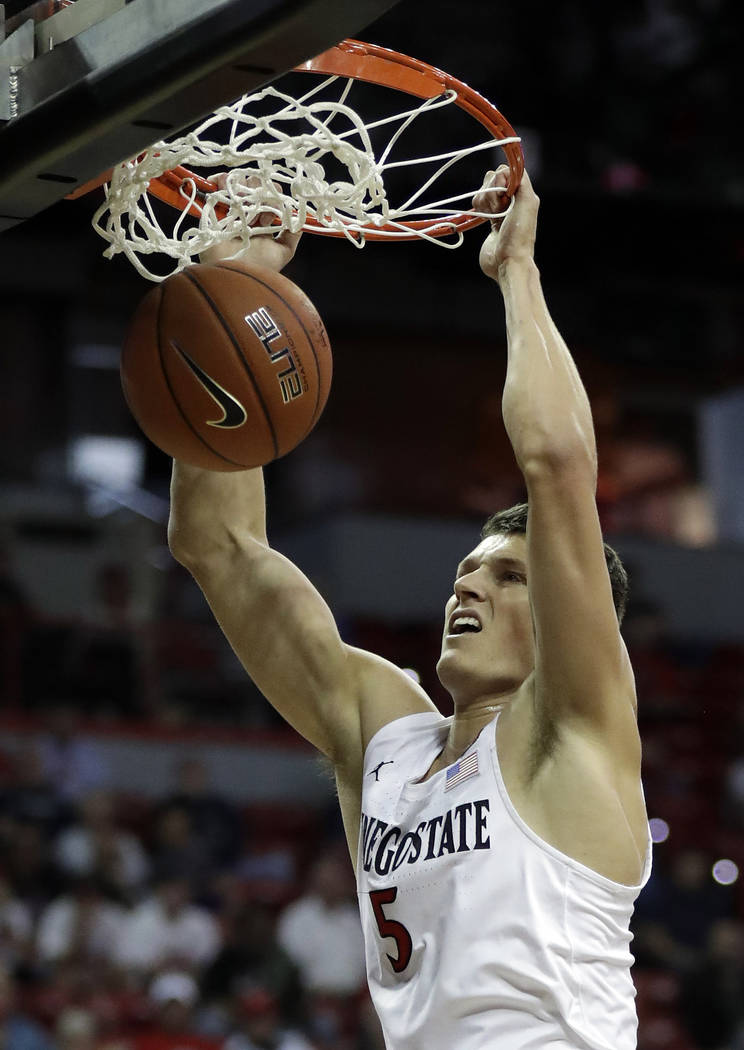 San Diego State's Yanni Wetzell dunks against Air Force during the second half of a Mountain We ...