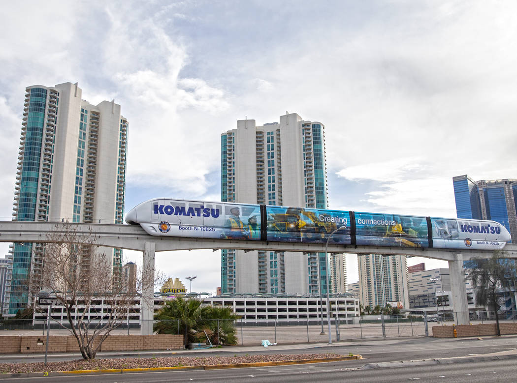 A Las Vegas Monorail travels east along West Sahara Avenue on Saturday, March 7, 2020, in Las V ...
